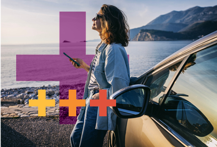 A woman leans against a car.