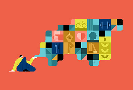 person holding thought bubble with multiple icons